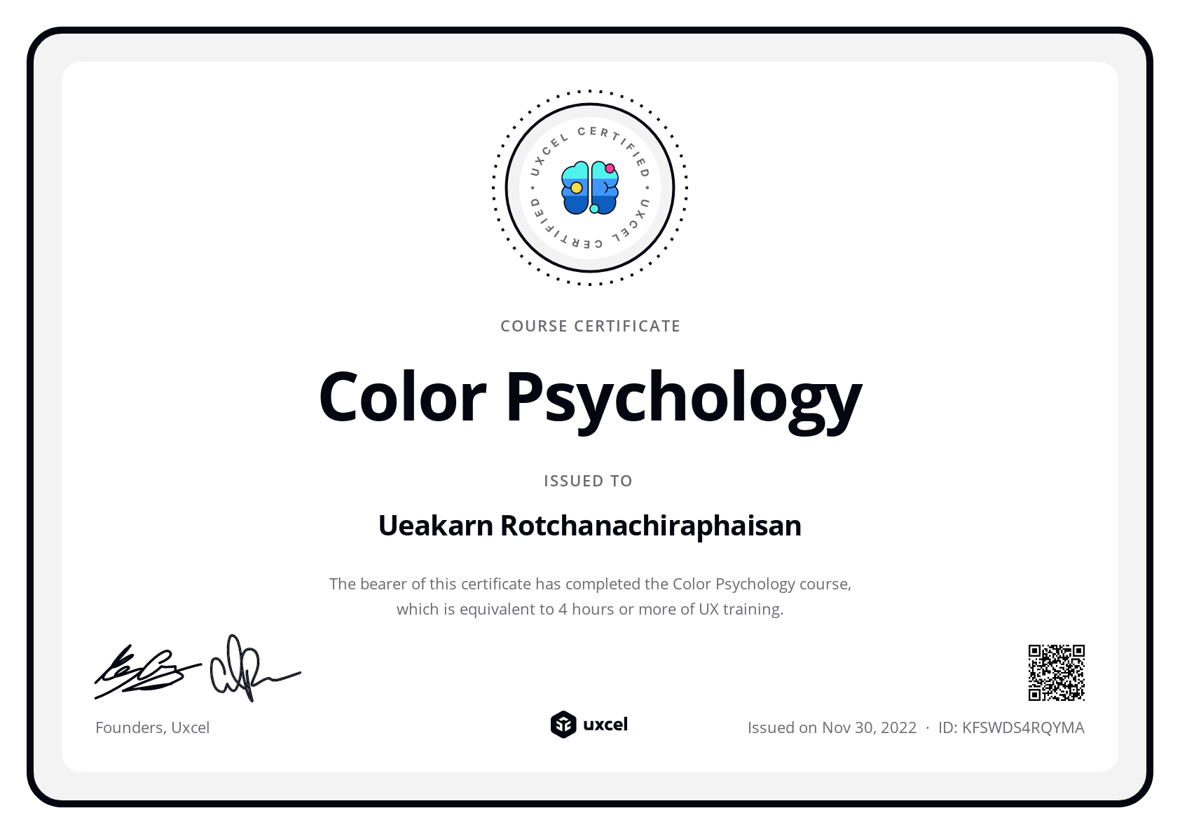 Ueakarn Rotchanachiraphaisan's certificate